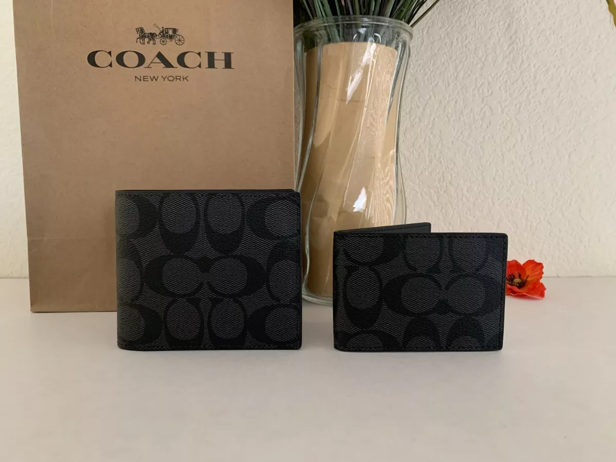 Coach Id Wallet In Signature Canvas - Gunmetal/Charcoal/Black