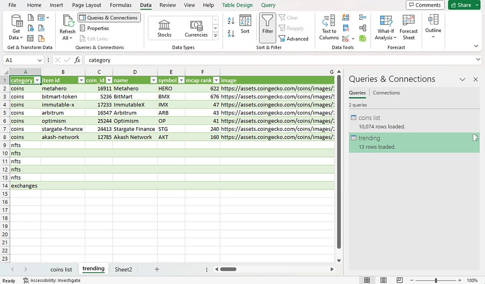 Cryptocurrency direct prices on EXCEL