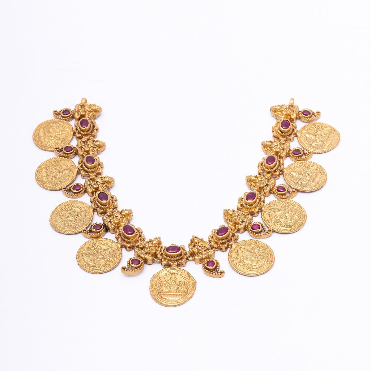 NCKN19 - Gold Plated Lakshmi Coin Necklace American Diamond Stone Atti (Choker) Temple Jewelry
