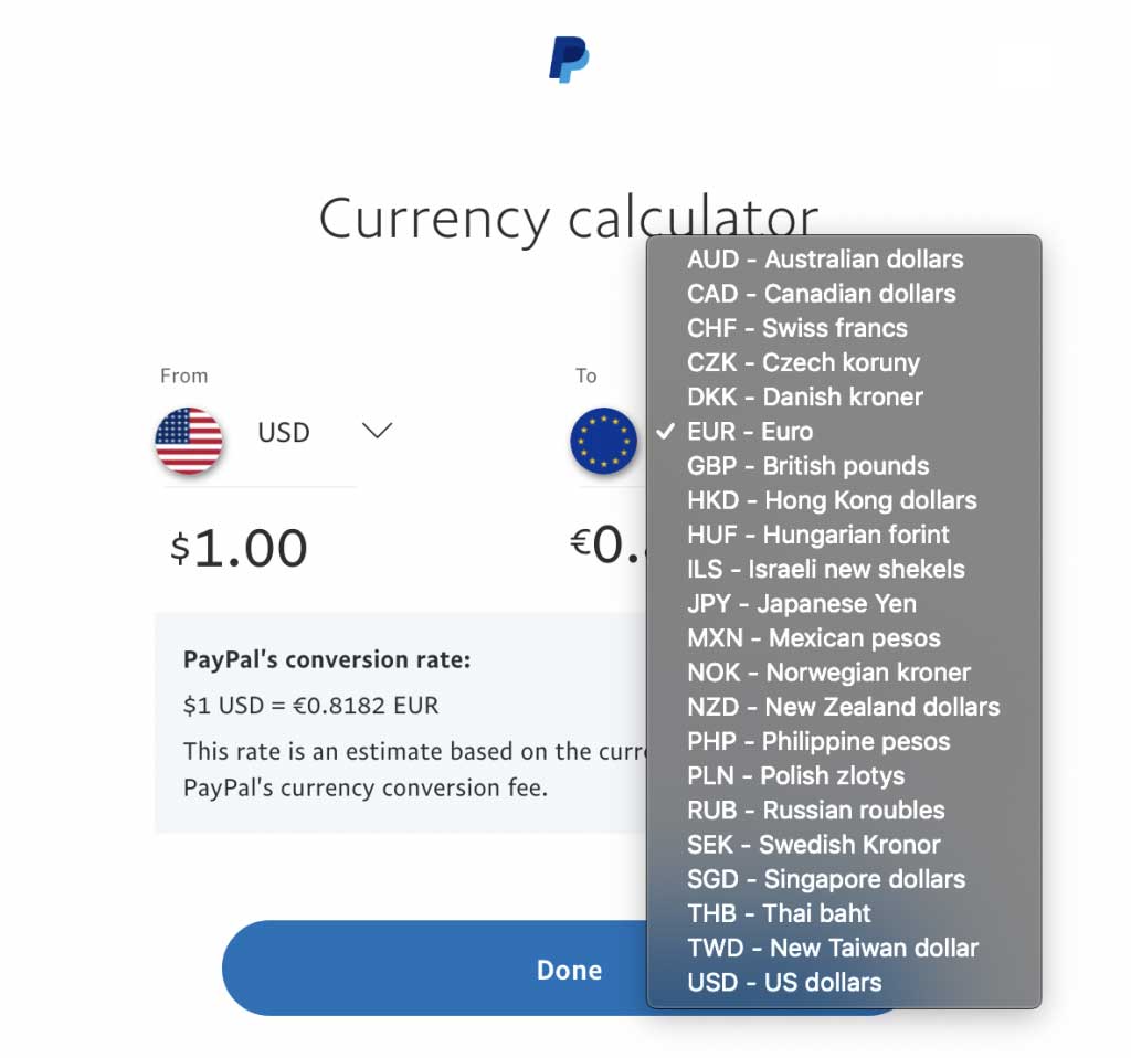 Where can I find PayPal's currency calculator and exchange rates? | PayPal LU