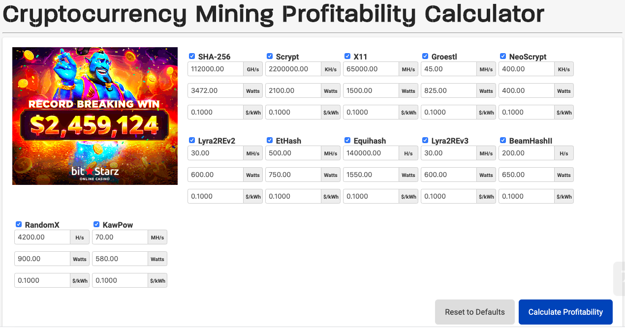 Ravencoin (RVN) mining profitability calculator