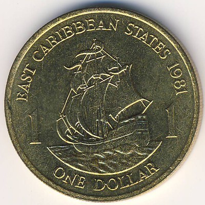 Eastern Caribbean States 1 dollar coin KM#39 sailing ship