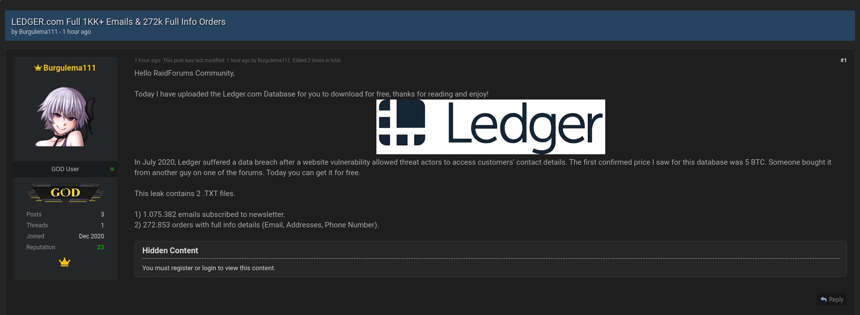 Physical addresses of K Ledger owners leaked on hacker forum