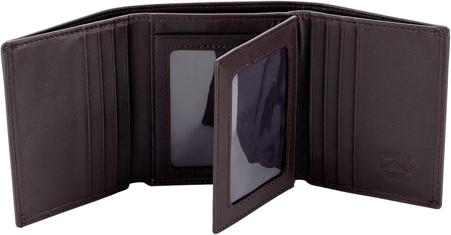 RFID Blocking Black Leather Trifold Wallet With Flip Up ID Holder