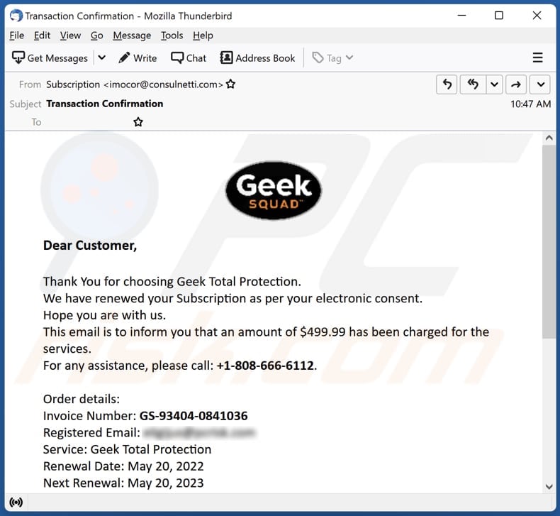 Email Scam: Did you receive an Email claiming your annual subscription with GeekSquad is renewed