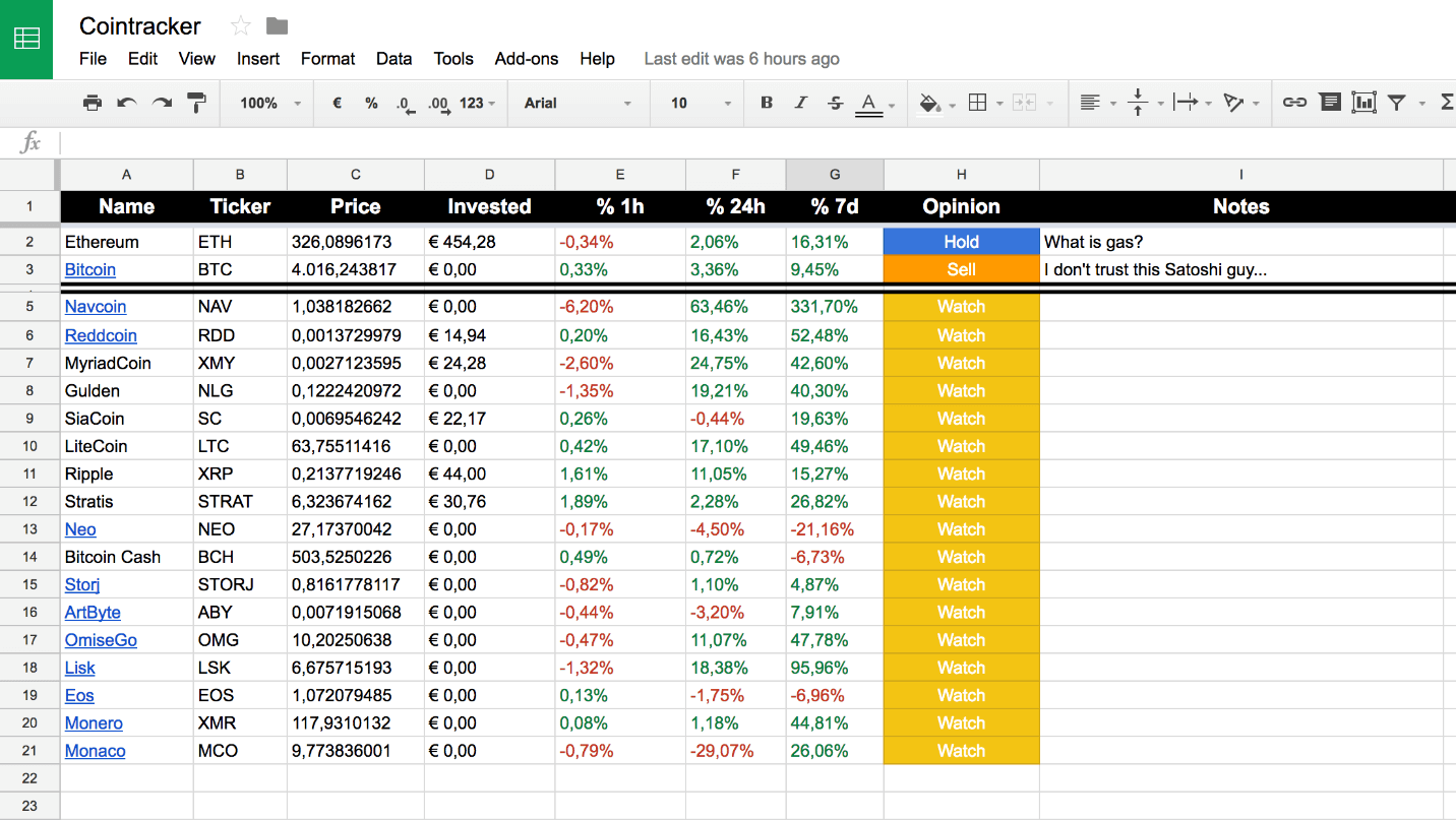 Cryptosheet - Easy Cryptocurrency Excel Spreadsheet