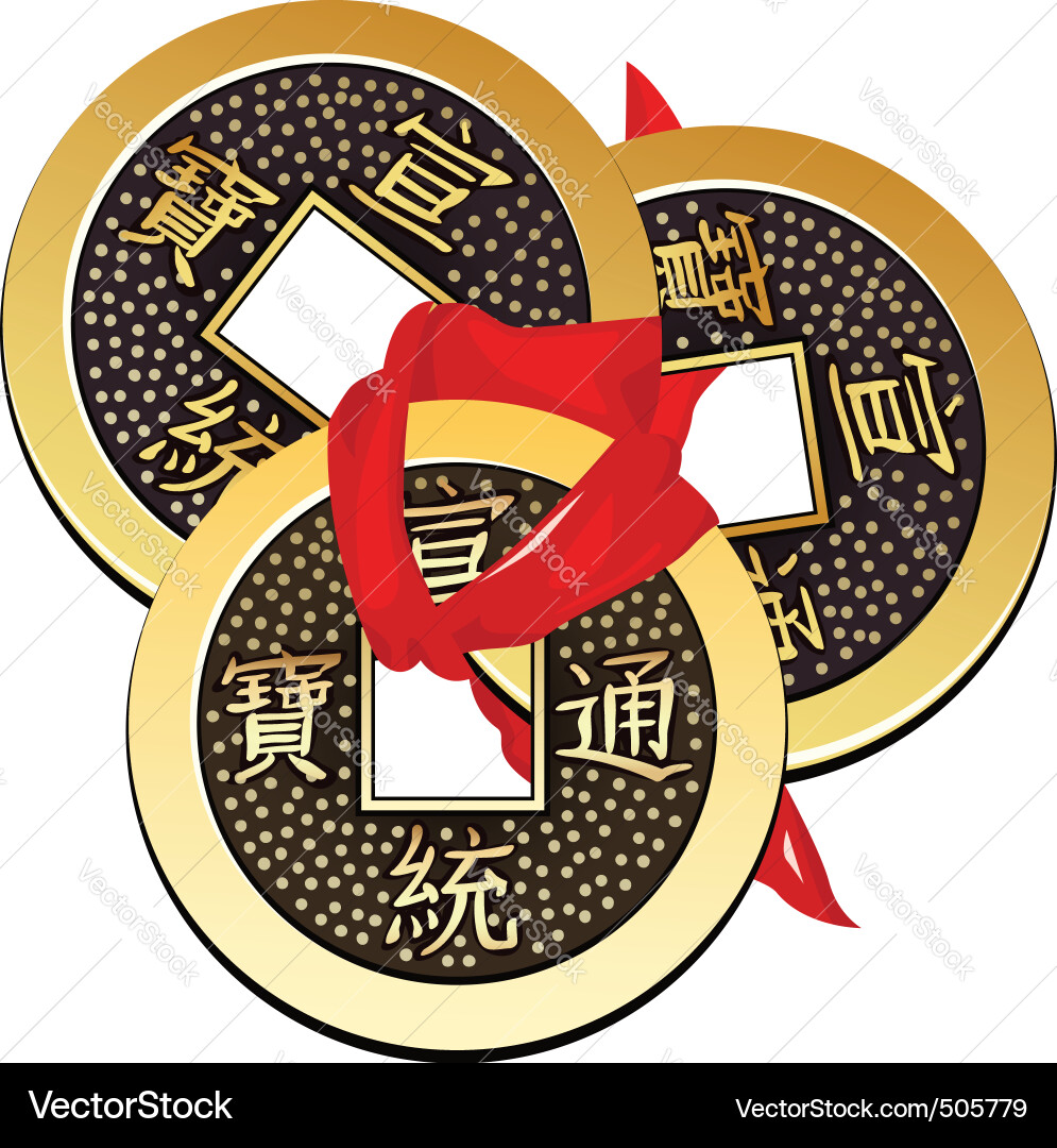Divya Mantra Feng Shui Three Lucky Chinese Coins with Red Ribbon