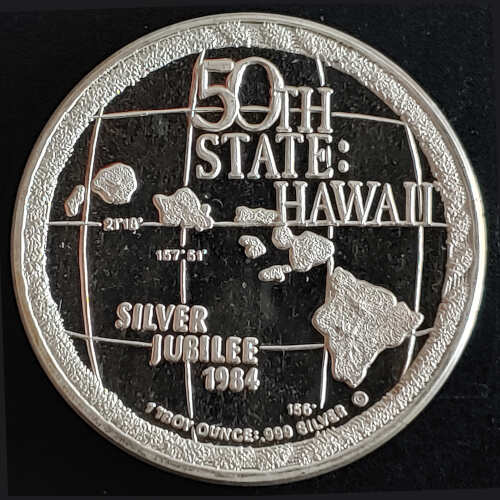 Hawaii Proof 25 Years as 50th State fine ounce Silver round - All Nations Stamp and Coin