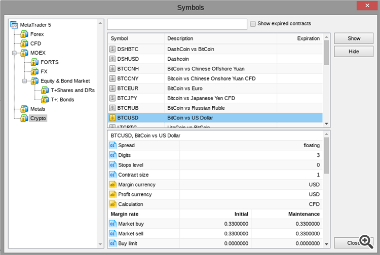 How to show BTCUSD from Bittrex on MT5? - Symbols - General - MQL5 programming forum