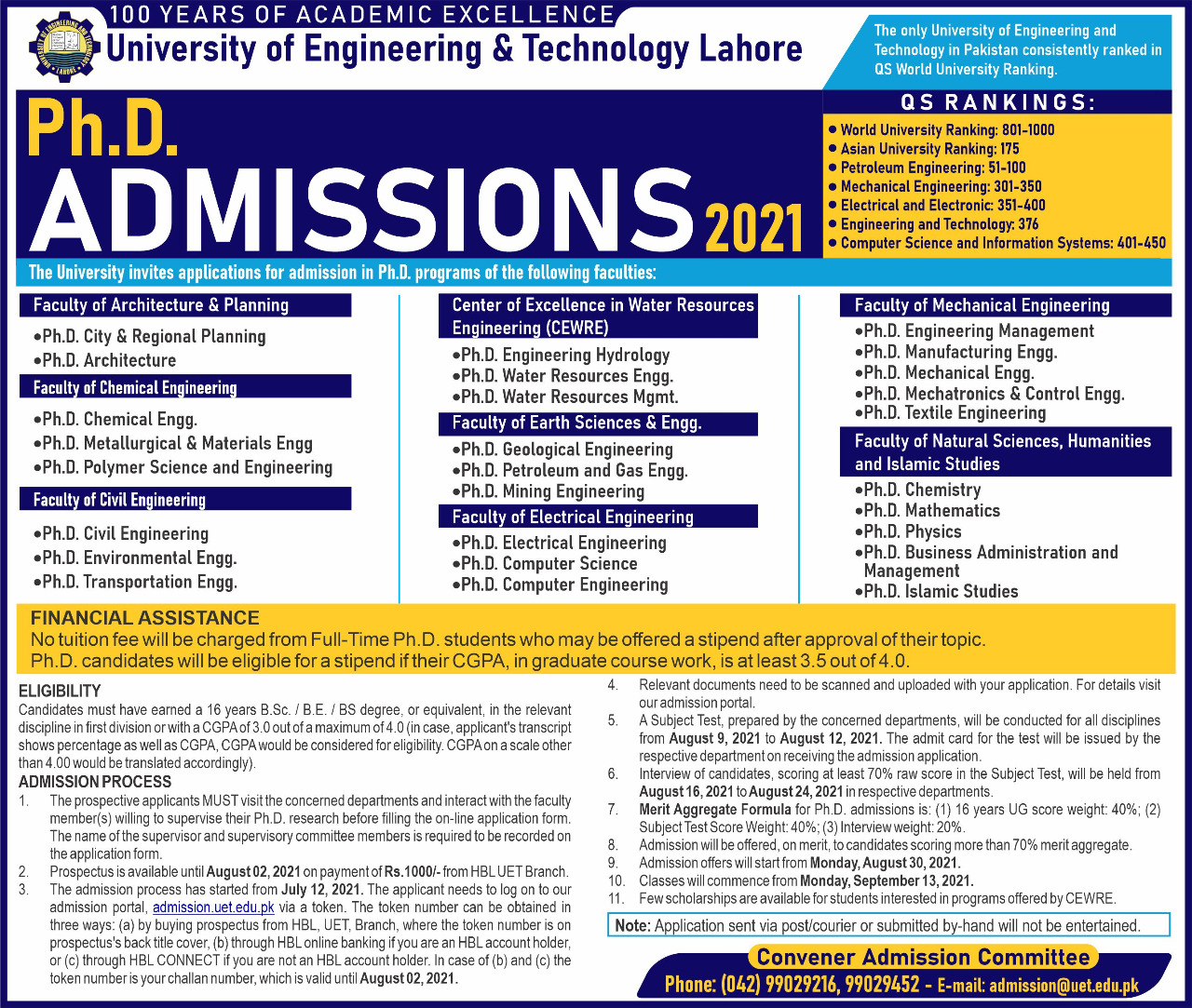 UET announces admission schedule